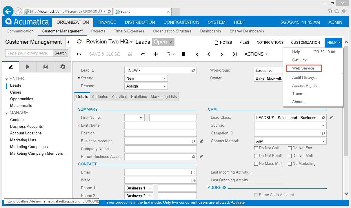 Pour obtenir la référence web, connectez-vous à l'application Acumatica, naviguez jusqu'à la page, cliquez sur Aide et sélectionnez le bouton Service Web.