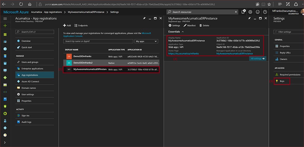 Acumatica - Enregistrement de l'application - My Awesome Acumatica ERP Instance - Paramètres