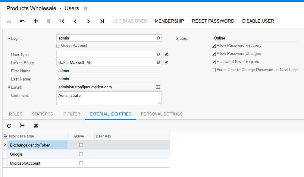 Lier des comptes externes à des comptes Acumatica