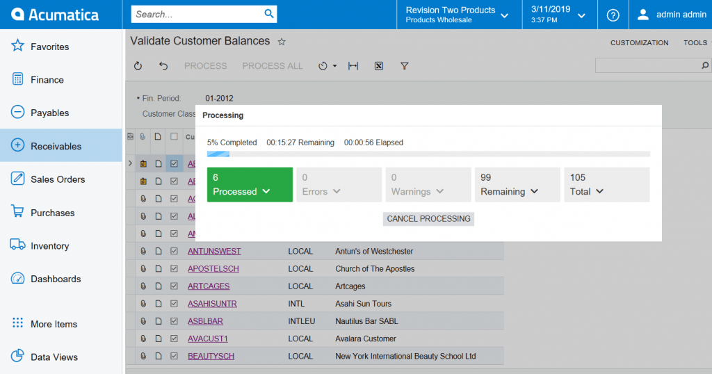 Acumatica 2019 R1 - Barre de progression