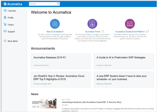 Bienvenue dans le tableau de bord Acumatica.
