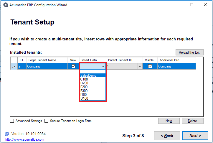 Assistant de configuration Acumatica ERP - Configuration des locataires.