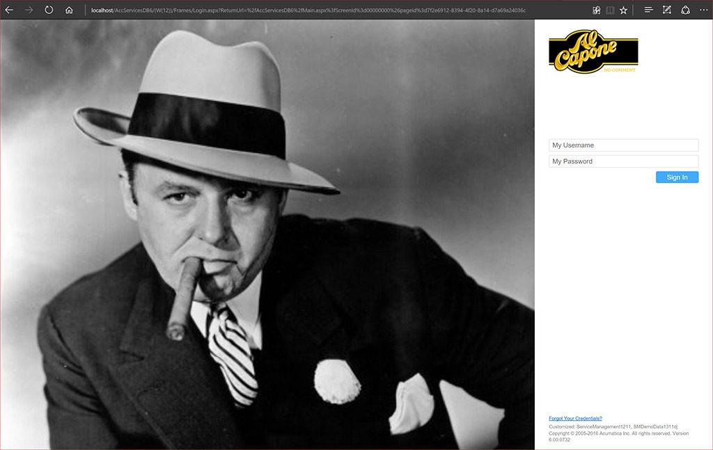 Remplacement des images Acumatica par les images Al Capone, résultat du rendu de la page de connexion.