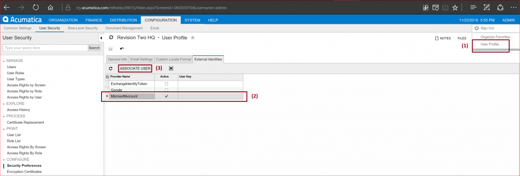 Acumatica Dashboard - Configuration du SSO pour les comptes Live ID.