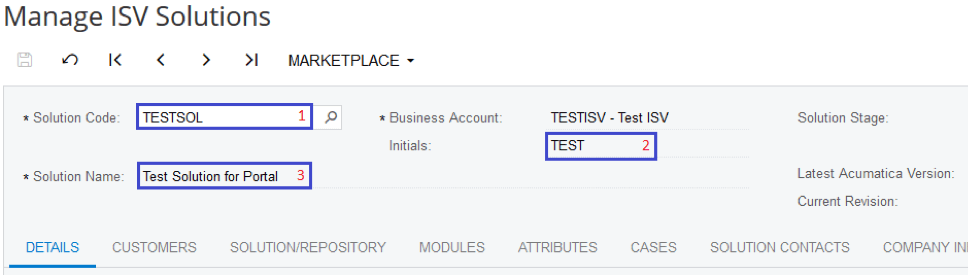 Section des solutions ISV avec le code et le nom de la solution.