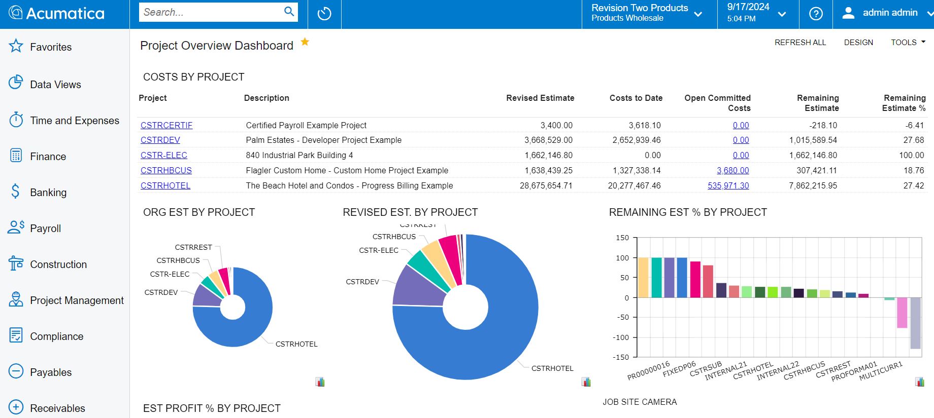 Tableau de bord de l'aperçu du projet - Comptabilité analytique des travaux