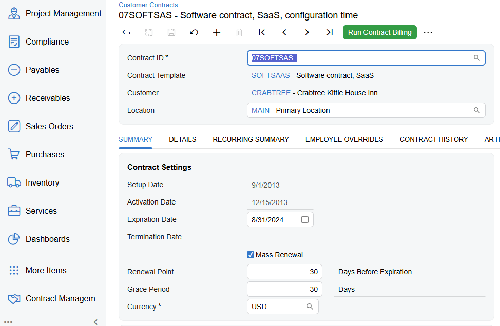 Capture d'écran du service client Acumatica