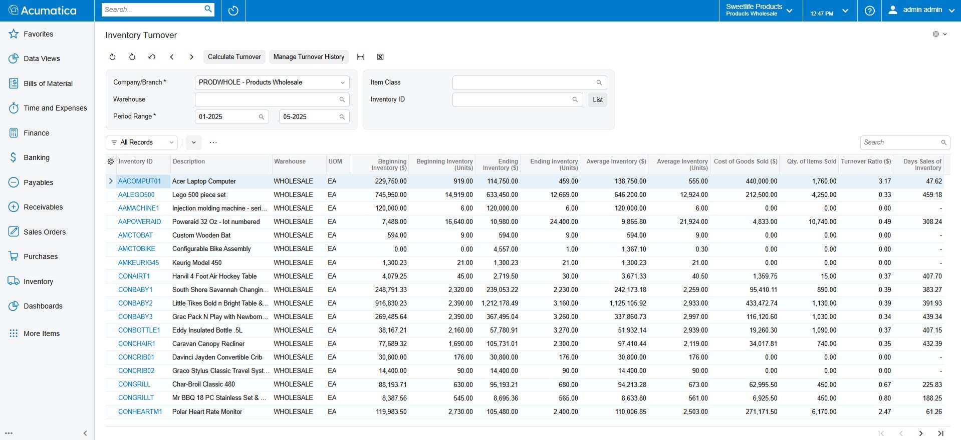 Capture d'écran du produit Acumatica pour montrer les capacités de gestion des stocks d'Acumatica par rapport à QuickBooks.
