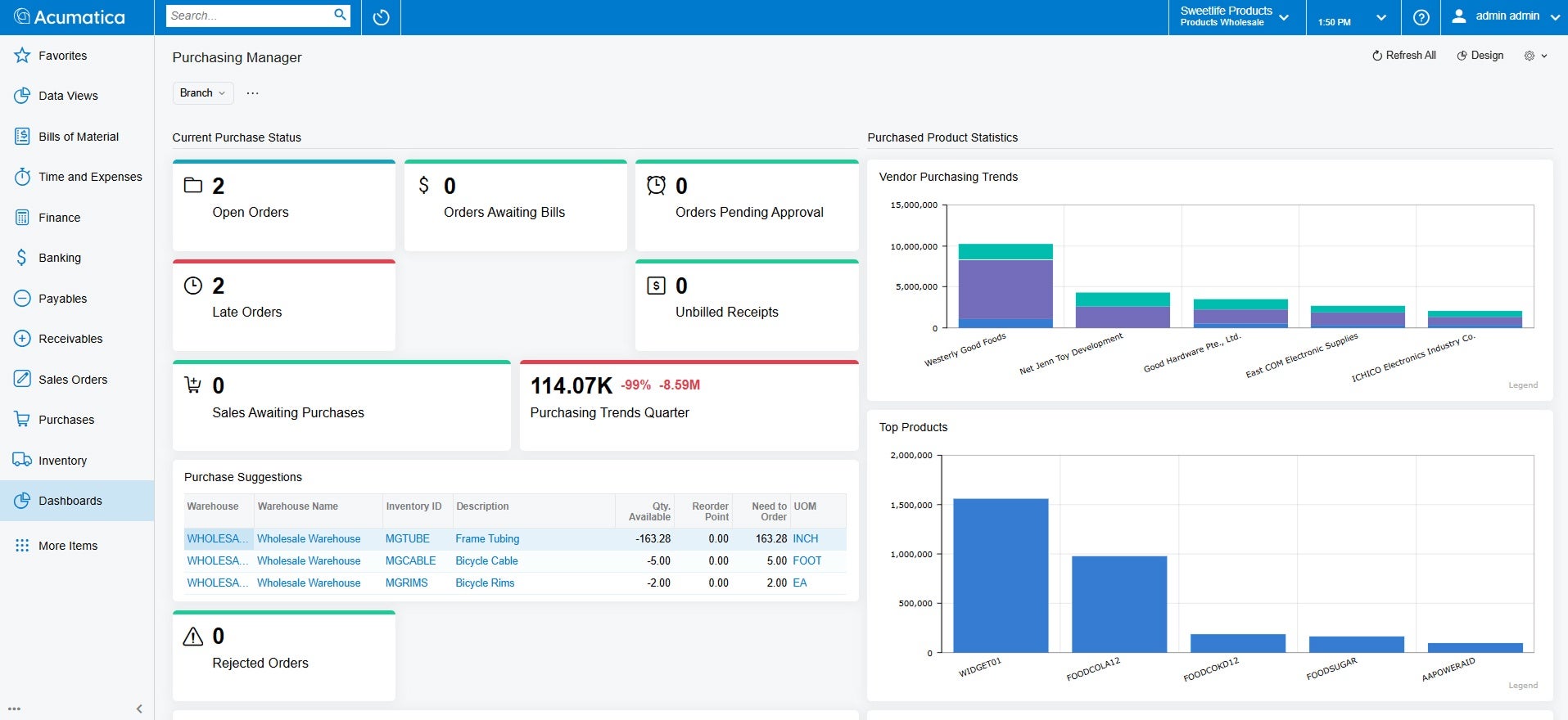 Marchés publics Capture d'écran du produit Acumatica pour montrer l'approvisionnement d'Acumatica par rapport à QuickBooks.