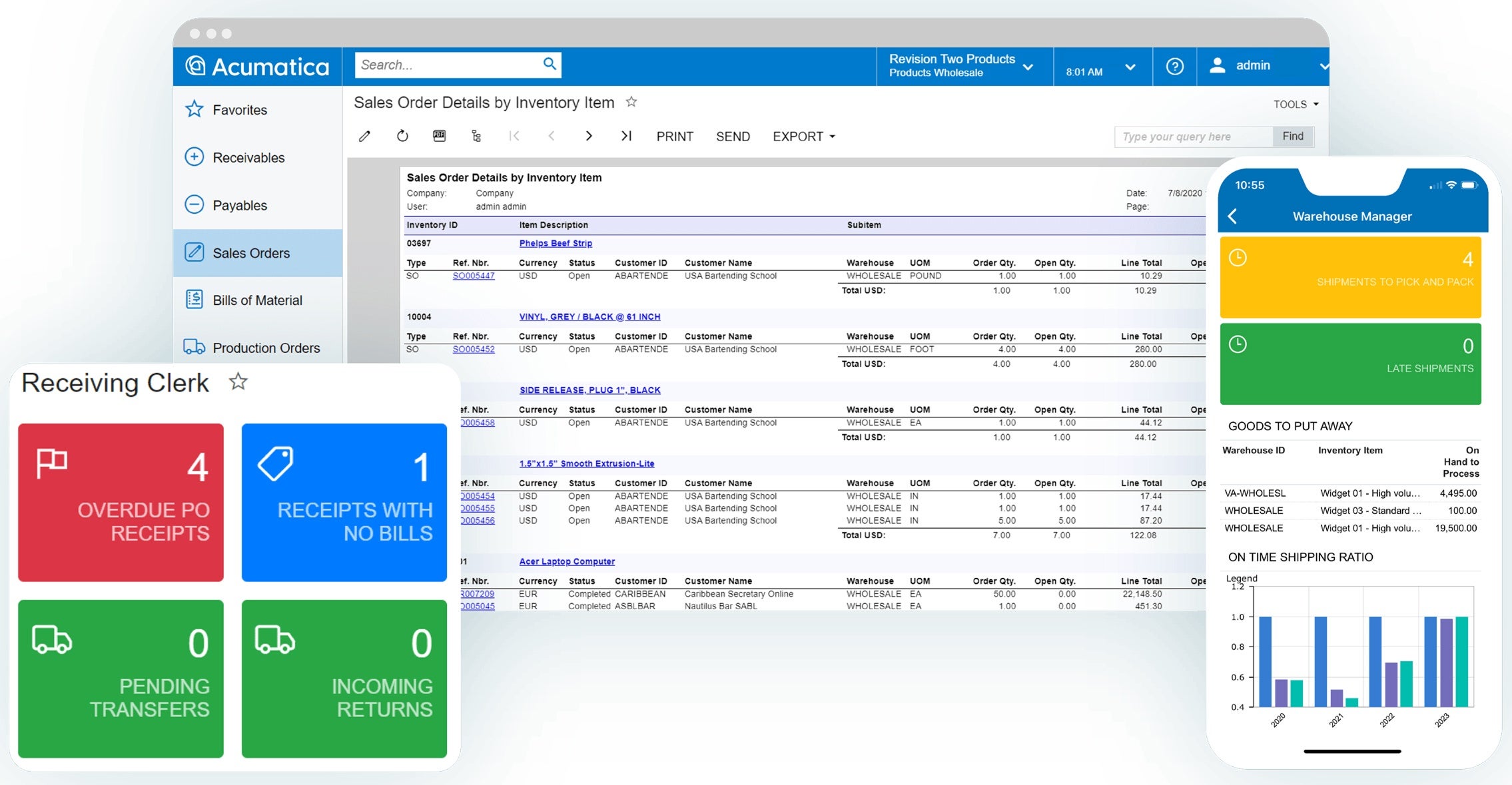 Capture d'écran du produit Acumatica pour montrer les rapports en temps réel d'Acumatica par rapport à QuickBooks.