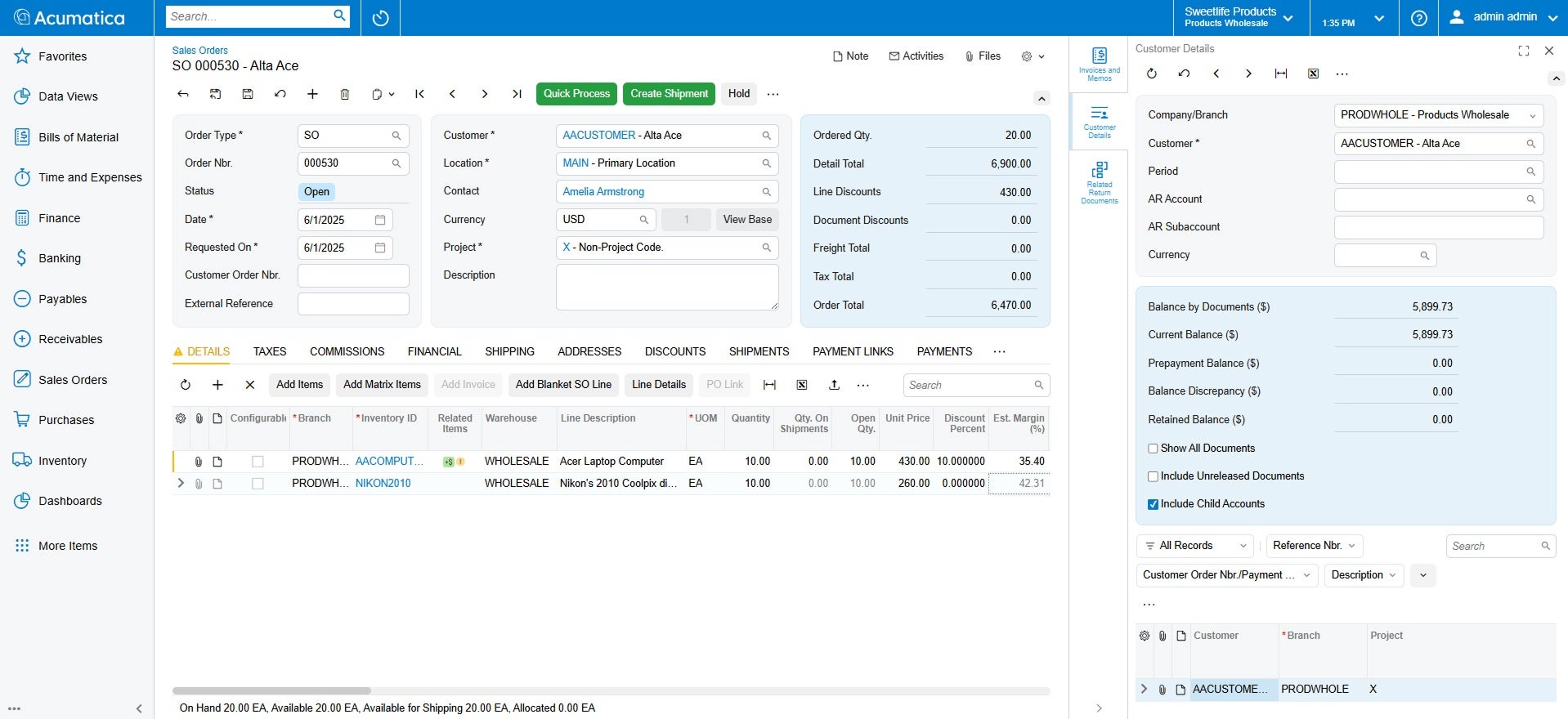 Capture d'écran du produit Acumatica pour montrer les capacités de gestion des ventes d'Acumatica par rapport à QuickBooks.