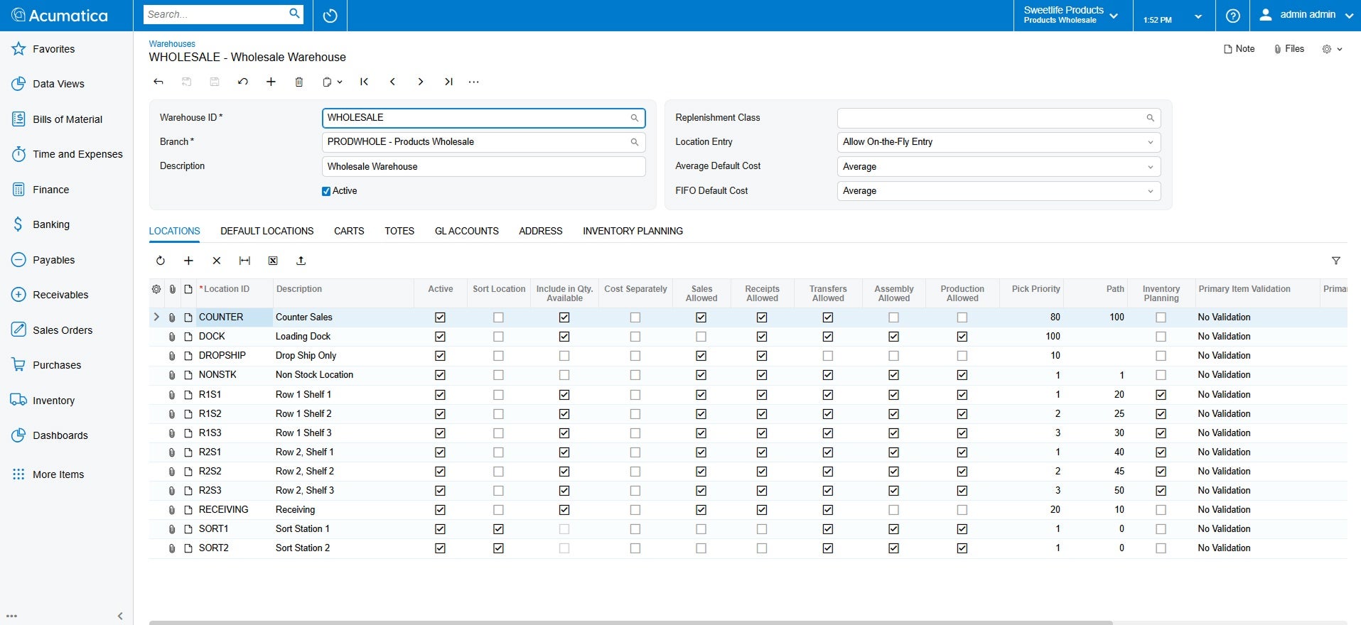 Gestion des entrepôts Capture d'écran du produit Acumatica pour montrer les capacités de gestion d'entrepôt d'Acumatica par rapport à QuickBooks.