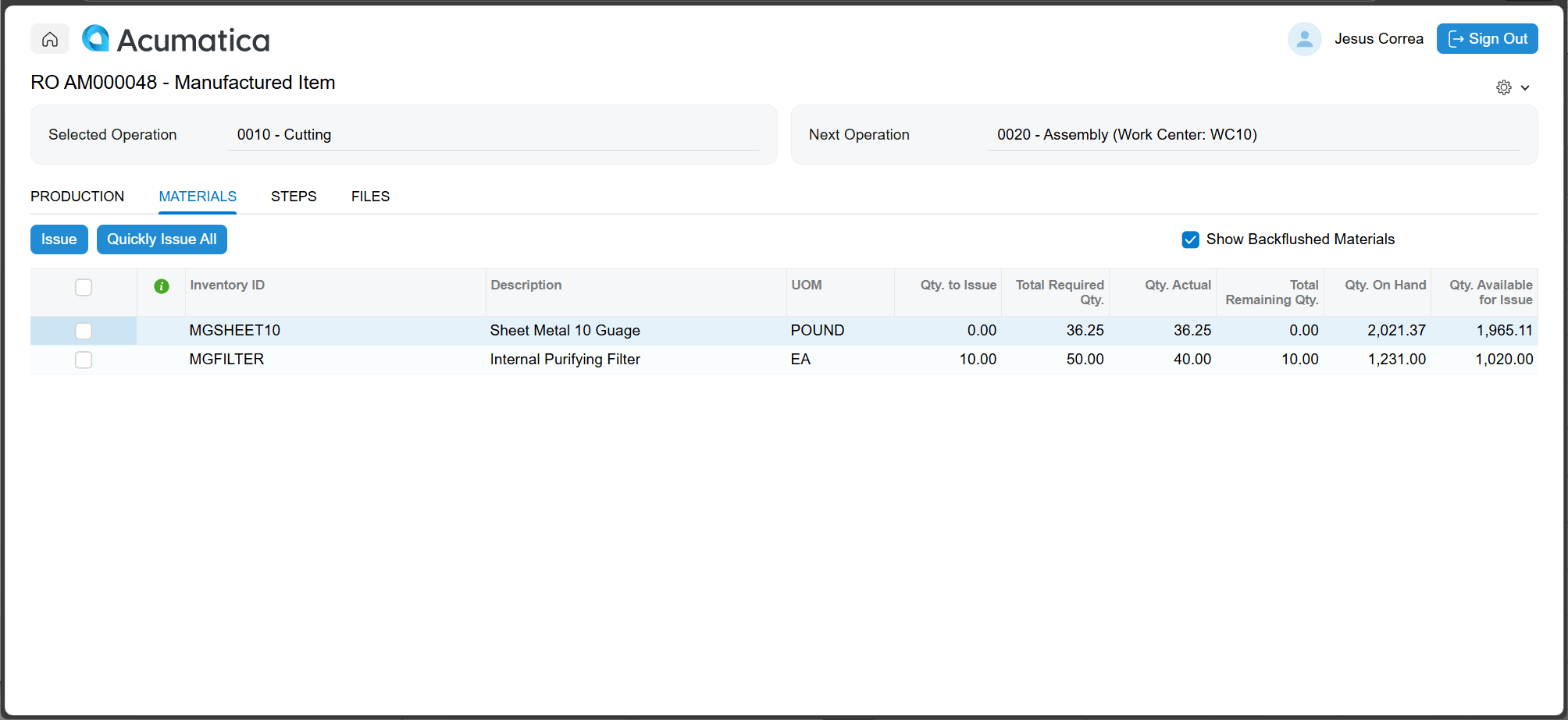 Capture d'écran des transactions de matériel dans Shop Floor Kiosk