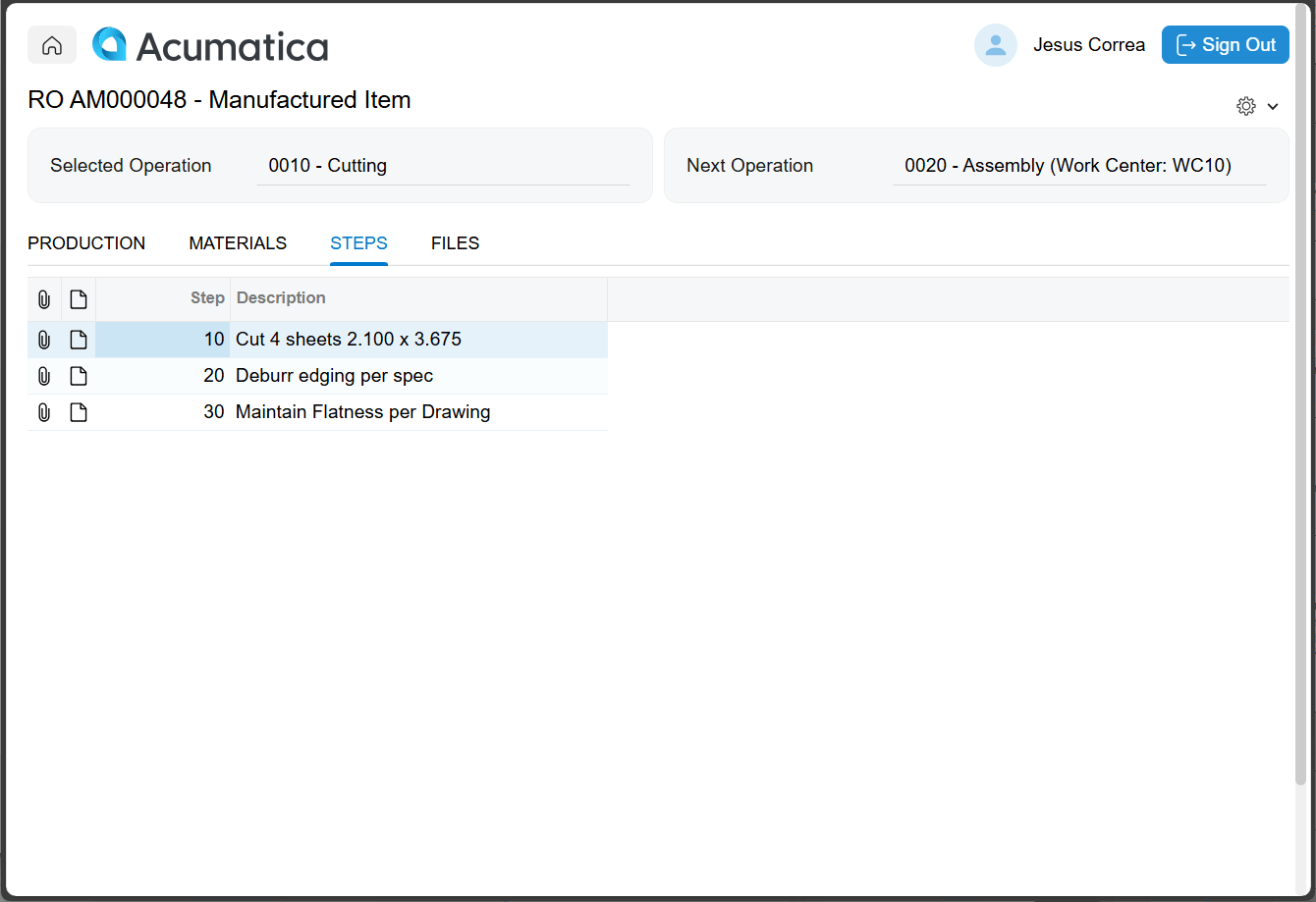 Capture d'écran des informations et instructions relatives aux tâches sur le kiosque de l'atelier