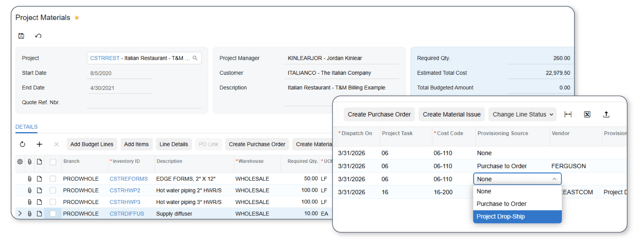 Gestion du changement Capture d'écran du module Gestion des stocks et des articles d'Acumatica